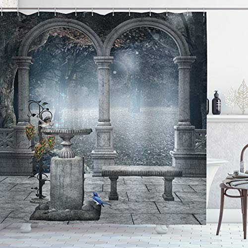 ABAKUHAUS Mystik Duschvorhang, Fiktive Mythic Steine, Stoffliches Gewebe Badezimmerdekorationsset mit Haken, 175 x 200 cm, Grau Hellgrau
