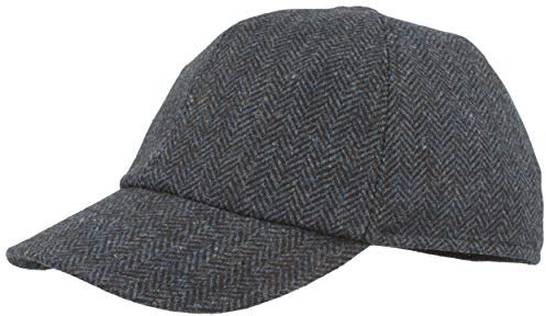 Herren Winter Baseball-Cap Schirmmütze Baseball-Kappe mit ausklappbarem Ohrenschutz – aus Wolle im Fischgrat Design & Steppfutter - Blau - 64
