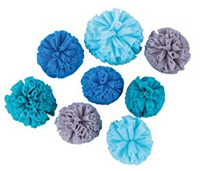 Rayher 76013376 Soft Tüll Pompons, blau-grau, sortiert, 4 cm + 5 cm ø, Box 8 Stück, Dekoration Hochzeit, Taufe, Kommunion, Konfirmation, Geburtstag, Pompoms aus Tüll