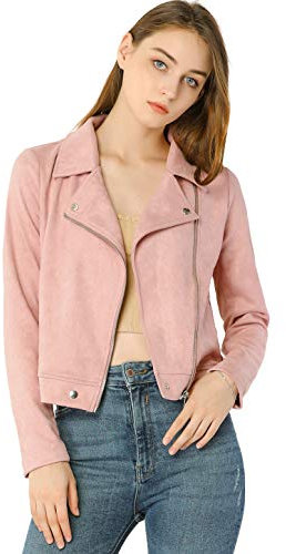 Allegra K Veste de moto courte douce pour femme avec poches à fermeture éclair en faux daim rose, taille M, rose, M