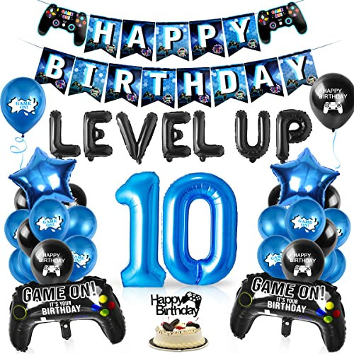 Videospiel Luftballon 10. Geburtstag Blau, 10 Jahre Junge Spiel, Ballons Blau Schwarz, Zahl 10 Folienballon, für Kinder Junge Party Dekoration