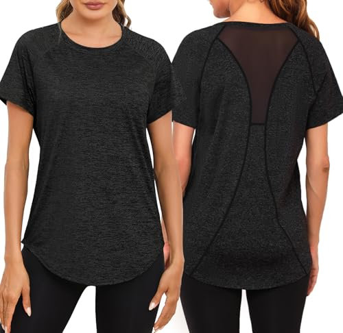 Wayleb Damen Sport T-Shirt Back Mesh Laufshirt Sportshirt Kurzarm Rundhals Sportoberteile Atmungsaktiv Funktionsshirt Trainingsshirt Gym Longshirt Yoga Tops, Schwarz XXL
