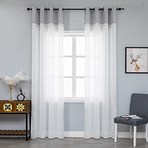 Coppia Tende Bianche Semi Trasparenti Orlo Superiore Grigio Merlettato a Quadretti Tenda Misto Lino Stile Shabby Chic per Camera Balcone Finestra e Interni 2 Pannelli con Occhielli (Grigio, 140x280cm)