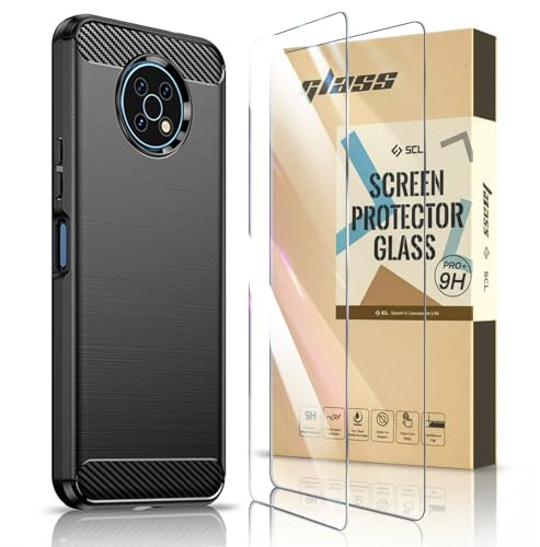 SCL Hülle Für Nokia G50 Panzerglas und Hülle Nokia G50 Handyhülle Nokia G50, [2 Stück,9H Härte] Panzerglas und Carbon-Faser Gebürstete Textur Design Schutzhülle [Schwarz]