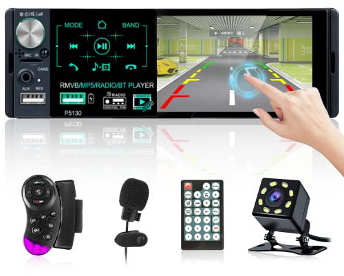 Hikity RDS FM AM Autoradio 1 Din Bluetooth Freisprecheinrichtung 4,1 Zoll Bildschirm Touch Display mit USB AUX TF MP5 für Android/IOS Auto Radio Rückfahrkamera Mikrofon