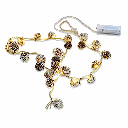 Loberon LED-Lichterkette 2er Set Crane, mit echten Kiefernzapfen in Schnee-Optik, Weihnachtsbeleuchtung, Weihnachtsdekoration, Weihnachten, PVC, Flachsfasern, braun