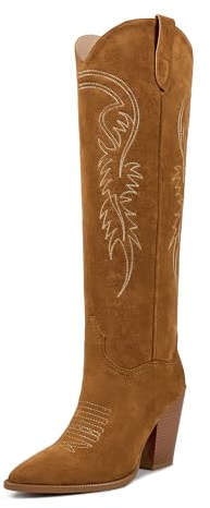 ISNOM Stivali da donna in stile western, alti al ginocchio, da cowboy, ricamati, tacco a blocco, punta a punta, Camoscio marrone., 38 EU