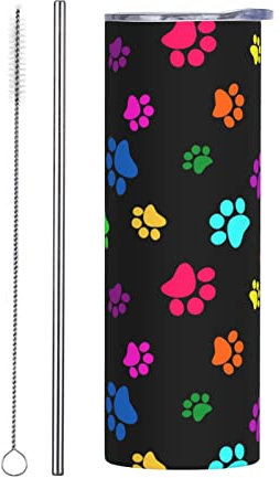 Quteprint Colorful Animal Dog Paw Print Tumbler Cup 20 oz, Stainless Steel Mug Vaccum Insulated Skinny Tumblers with Lid and Straw Double Wall Feak Proof Coffee Travel Mug Birthday Gift for Women Men