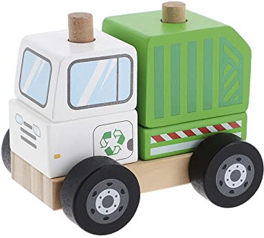 Trefl - Garbage Truck, Wooden Toys - Auto Müllwagen, Holzspielzeug, Bewegliche Blöcke und Rollen, Bio Naturholz Spielzeug Sicheres Spielzeug für Jahre, für Kinder ab 12 Monaten
