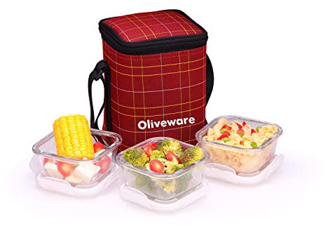 SOPL-OLIVEWARE Spyker Glassware Square Lunchbox, Borosilicate Glass Containers, Microwave Safe & Leak Proof, 3 Containers with BPA Free Lids (320ml) Each - Red