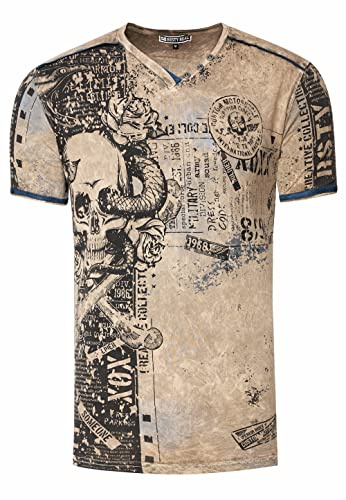 Herren T-Shirt All Over Skull X Snake X Rose Print Wildleder-Band Knopf-Verzierung V-Neck Stretch Streetwear Used-Look Shirt 293
