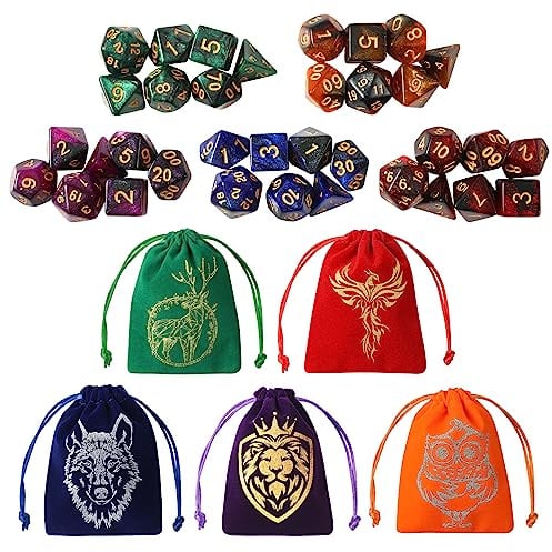 Grajar 35-teiliges DND-Würfel-Set mit 5 bunten Tiermuster-Würfelbeuteln, polyedrische Würfel-Sets für Dungeons and Dragons, D&D, TTRPG, MTG, Tisch-Rollenspiele, Sternenhimmel