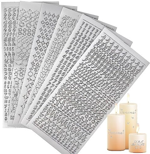 Wachsbuchstaben für kerzen, 6 Blatt Buchstaben Sticker mit Zahlen Klebebuchstaben Groß- und Kleinbuchstaben Kerzen Verzieren für Taufe Kommunion Hochzeit Fotoalbum Scrapbook (Silber)