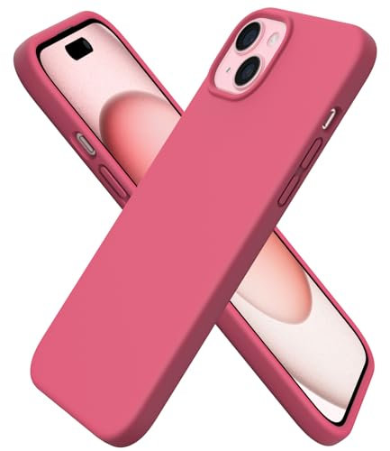 ORNARTO Cover per iPhone 15 plus Silicone 6.7 Pollici, Custodia Compatibile con iPhone 15 plus Cover, Morbido Silicone Liquido plustezione, in Gomma Gel Morbida con Fodera in Microfibra-Rosso Pesca