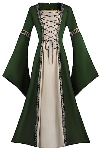 HOOUDO Damen Retro Mittelalter Kleid Frauen Mode Kleid Lange Ärmel Einfarbig Kleid Spitze Up Sexy Medievals Vintage Kleid Gothic-Lolita-Kleid in Übergröße