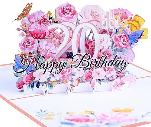 Geburtstagskarte zum 20. 3d blume pop up geburtstag karte Grußkarten Geschenk-Karte mit Umschlag Happy Birthday Greeting Card für zwanzig 20 jahre mädchen, Freundin, Freunden, Familie girl (Rosa)