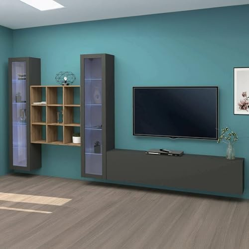 Dmora - Ausgestattete Wand Egidio, 3-türiges TV-Ständer-Wohnzimmerset, Mehrzweck-Wohnzimmermöbel mit Vitrine und LED-Licht, 100% Made in Italy, 350 x 30 x 180 cm, Anthrazit und Ahorn,