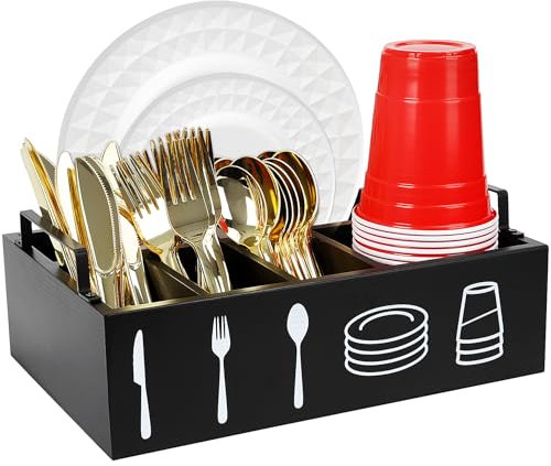 TWIZIUAO Paper Plate Holders for Kitchen Countertop,Wood Utensil Holder Cutlery Organizer with Large Cup Holder & Caddy for Kitchen,Picnic,Party,BBQ - Black