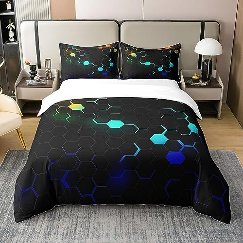 100% Baumwolle Honigwaben Bettbezug 135x200,Hexagon Bienenstock Bettwäsche Set,Neon Licht Honigwaben Tröster Abdeckung,Geometrische Moderne Abstrakte Kunst Bett Sets mit 1 Kissenbezug,Blau Grün