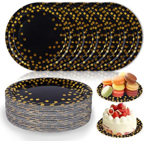 FIHODONE Lot de 50 assiettes en carton jetables - 18 cm - Pour anniversaire d'enfant - Pour Halloween - Or noir
