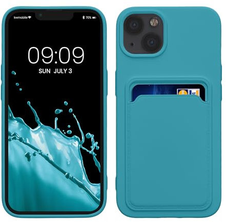 kwmobile Case Compatible with Apple iPhone 13 Case - TPU Phone Cover with Credit Card Holder - Light Blue Matte