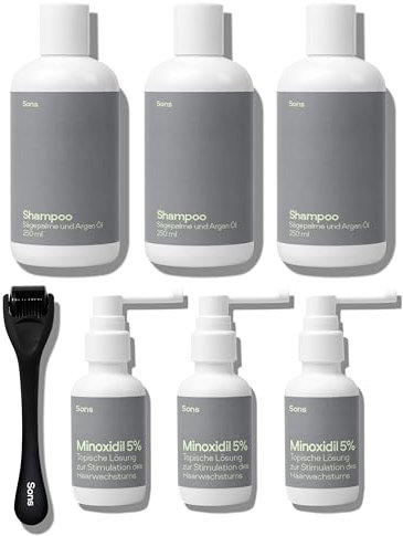 Sons Komplettset für Männer mit Minoxidil 5%, Derma Roller & DHT Blocker Shampoo, fördert Haarwachstum bei Haarausfall & Ausdünnung, stärkt Haarwurzeln & Follikel, 3 Monate