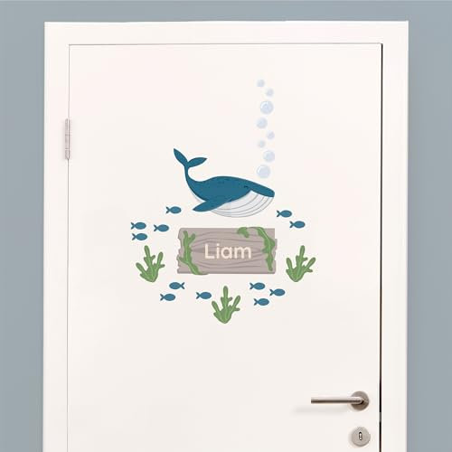 Klebekerlchen® Türaufkleber personalisiert mit Name – Wandtattoo Kinderzimmer & Babyzimmer deko – selbstklebende Wandsticker - Wal