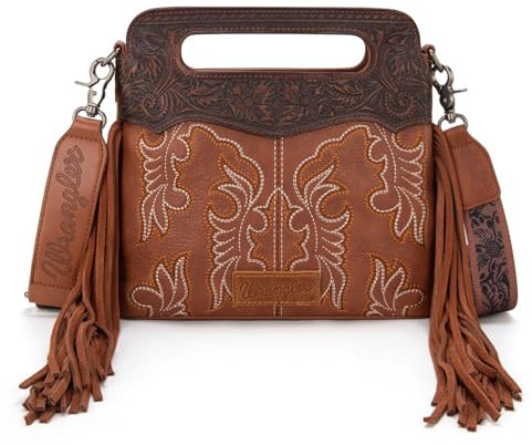 Wrangler Crossbody-Tasche für Damen, Western-Fransen, Tragegriff oben, bestickt, Bootscroll, Crossbody-Tasche, A-mittelbraun, Medium
