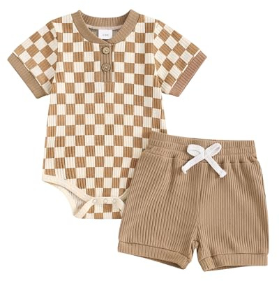 PanLidapan Newborn Baby Boys Summer Bodysuit Outfit Checkerboard Short Sleeve Romper Set Elastic Waist Drawstring Shorts 2Pcs Clothes Set (Khaki, 12-18 Months)
