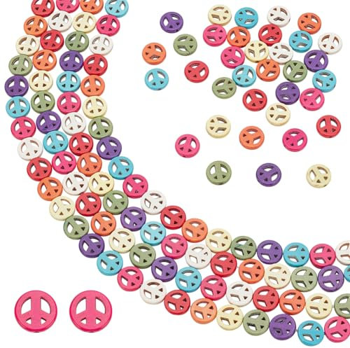 FINGERINSPIRE 4 Stück Peace Zeichen Perlenstränge Synthetische Türkis Gefärbte Perlen 39.6 cm Lang Bunt Elastischer Faden Peace Zeichen Perlen Charms Für DIY Handwerk (33 Stück 12 mm Perlen/Stränge)