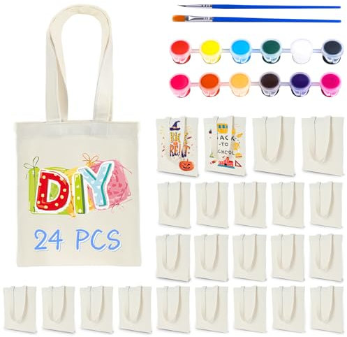 Zioffiel Small Canvas Tote Bags Bulk 24 Pack, Sublimation Tote Bags Blank with Acrylic Paint Set, Reusable Cotton Canvas Bags with Handles, Mini Tote Bag To Decorate DIY Crafts, 8x8.6, Beige, S