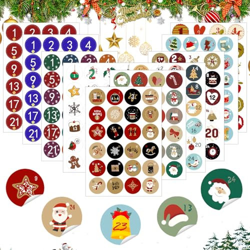 Adventskalender Zahlen Aufkleber, 10 x 24 Adventskalender Aufkleber, Weihnachtskalender Zahlenaufkleber, Zahlenaufkleber 1-24 weihnachten, für zum Basteln und Befüllen und Verzieren (A)