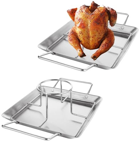 EATHEATY Paquete de 2 soportes para latas de cerveza, de acero inoxidable, bandeja de goteo vertical resistente para asar pollos para parrilla horno barbacoa (2 sartenes + 2 estantes)