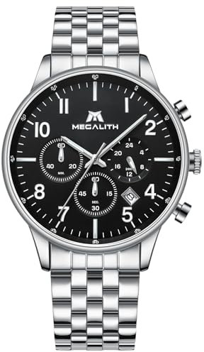 MEGALITH Armbanduhr Chronographen Uhren Herren: Silber Schwarz Edelstahl Quarzuhr Analog - Wasserdicht Männer Uhren