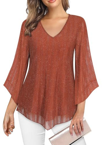 Gemulate Blouses for Women UK Elegant Women Tops Evening Tops for Women UK Elegant Plus Size Ladies Three Quarter Sleeve Chiffon Tops Loose Ladies Blouses V Neck T Shirt - Caramel Stripes, L