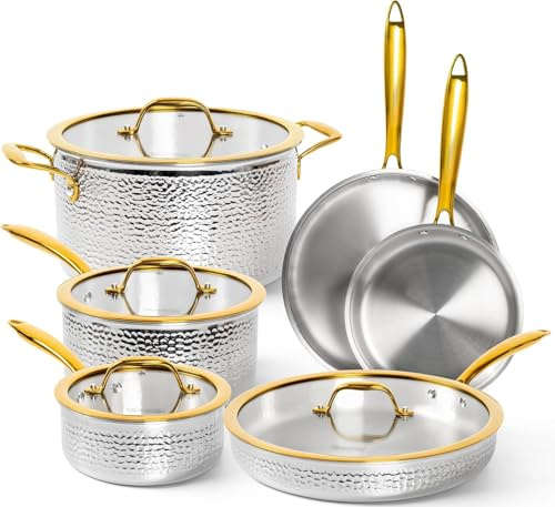 MICHELANGELO 10pcs Triply Stainless Steel Pots and Pans Set, Cookware Set | Uncoating, Glass Lid, Induction Compatible, Ideal For Breakfast Vegetables Pasta And Family Cooking From Small To Large Meal