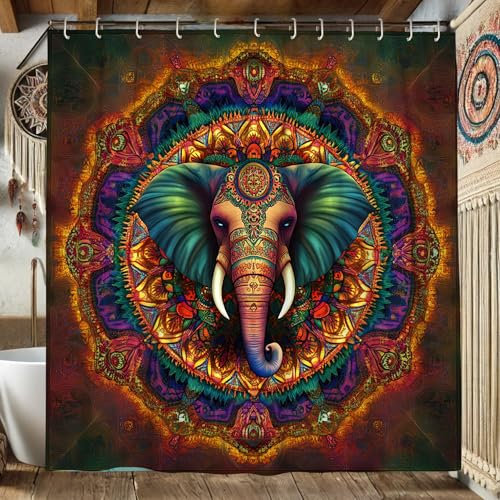Elefanten-Duschvorhang, farbenfrohes Elefanten-Mandala-Dekor für Badezimmer, Bohemian-Stil, wasserdichter Stoff, Duschvorhang-Set mit Haken, 157 x 183 cm