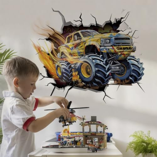 Runtoo Monster Truck Wandaufkleber für Jungenzimmer, 3D-Rennauto-Fahrzeuge, Wandaufkleber, Kinderzimmer, Spielzimmer, Wanddekoration