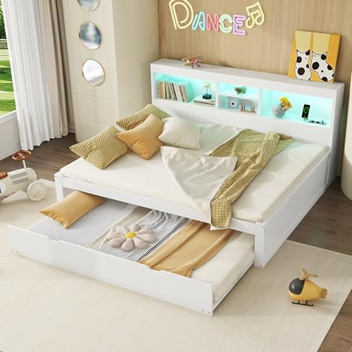 Merax Schlafsofa 140x200 Tagesbett mit Ausziehbett, Funktionsbett mit Staufach und Steckdose + USB, LED-Bettrahmen mit Lattenrost (ohne Matratze), Schlafcouch für Wohnzimmer/Schlafzimmer, Weiß