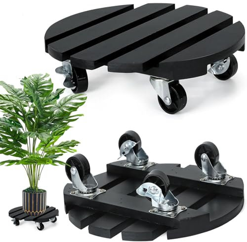 Exquilnova 2 Stück Pflanzenroller Rund, 30cm Holz Blumenroller Rollbrett Pflanzen mit 360° Feststellbare Räder Schwerlastbereich Blumentopf Untersetzer mit Rollen Wetterfest Indoor Outdoor (Schwarz)
