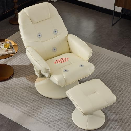 DEKKETO Relaxsessel mit Hocker, Fernsehsessel mit Liegefunktion, TV Sessel mit Metallfußstütze und Seitentasche, 360° Drehstuhl Wohnzimmer, PU Leder, Beige