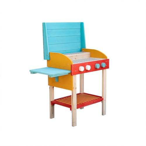 Home Deluxe Spielgrill aus Holz Tasty - Blau/Rot I Spielgrill aus Holz, Kindergrill, Spielzeuggrill, Holzspielzeug Grill, Grillen für Kinder, realistischer Spielgrill