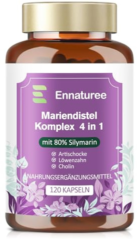 Mariendistel Leber Komplex, 4 in 1 Mariendistel Kapseln Hochdosiert mit Mariendistel Extrakt 600mg (80% Silymarin 480 mg), Artischocke, Löwenzahn & Cholin, 120 Kapseln