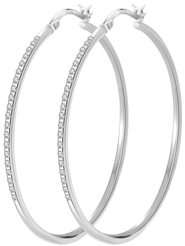 PABBEU Sterling Silver Hoop Earrings for Women Sparkly Large Rhinestone Hoop Earrings Big 925 Sterling Silver Rhinestone Hoops Earring Hypoallergenic Cubic Zirconia Earring for Women 30/50/70mm