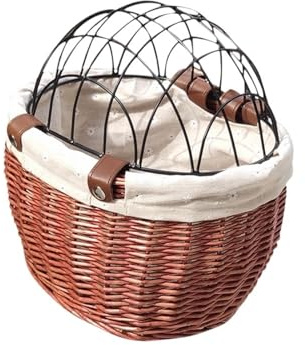 Hundekorb Fahrrad Vorne Fahrrad-Lenkerkorb vorne, handgewebt, Korbgeflecht, Haustier-Katze-Hunde-Träger mit Abdeckung, Fahrradkorb vorne, Gepäckträgertasche, Fahrradzubehör(B)