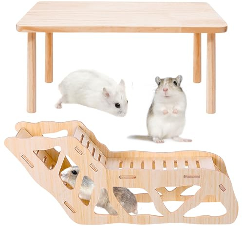 PORFOYO Trähus för hamster med plattform, tunnel, gömställe, lämpligt för hamstrar, dvärghamstrar, gerbiler, råttor, marsvin
