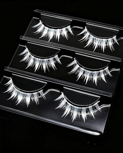 HUVZOR 3 Paires cils blancs en fibres synthétiques de qualité supérieure pour cosplay, Halloween et maquillage de scène, style de maquillage japonais légers et réutilisables avec volume naturel