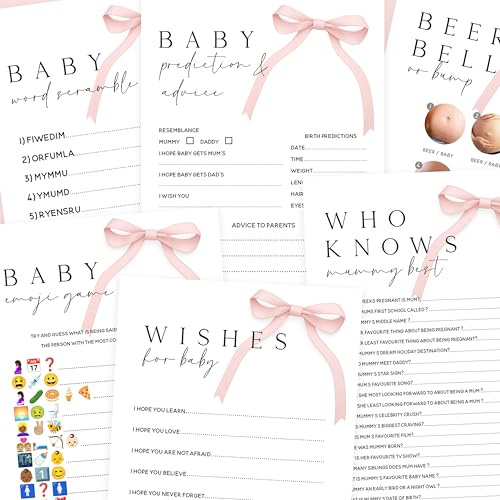 The Little Party Company Baby Shower Games Bundle, Pink Bow Theme, 6 Double-Sided A5 Cards for 10 Players, Includes Prediction, Word Scramble, Emoji Game, Who Knows Mummy Best