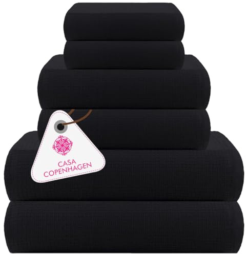 Casa Copenhagen 6-teiliges Badehandtuch-Geschenkset, 600 g/m², Schwarz | waffle 100% reine ägyptische Baumwolle: 2 Badetücher, 2 Handtücher, 2 Waschlappen(Geschenkset Damen & Herren)