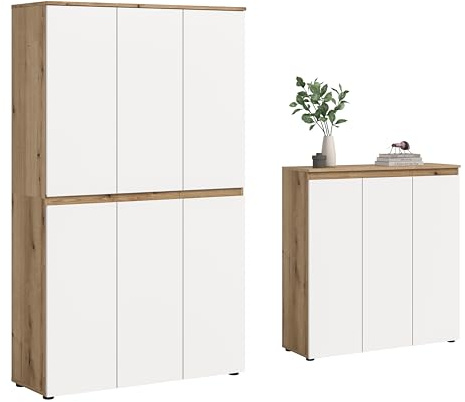 xonox.home - Universalschrank Scarpa 2tlg.Set in Front weiß Korpus Evoke Oak - Mehrzweckschrank Schrank Hochschrank Haushaltsschrank - platzsparend und praktisch